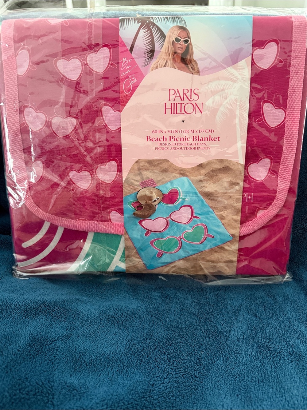 Paris Hilton Pink Heart Beach Picnic Blanket with Sunglasses Motif